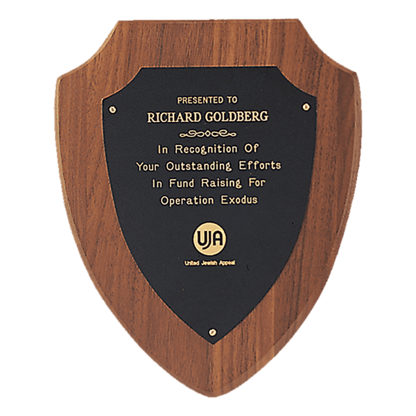 8 1/2″ x 10 1/2″ Jewelers Black Laserable Gold Border Shield Plate on an American Walnut Shield Plaque- Sheffield Series