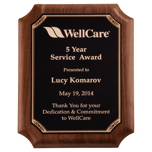 8″ x 10 1/2″ American Walnut Plaque with Gold Border Black LaserFX Plate