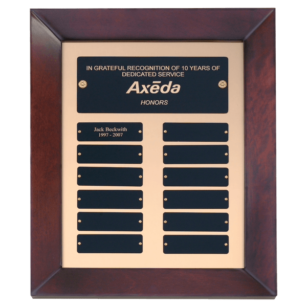 12″ x 15″ Airflyte Cherry Finish Frame Perpetual Plaque with Gold Metal Background and 12 Laserable Black Brass Plates