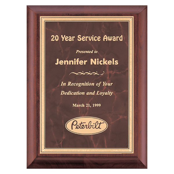 7″ x 9″ Hand Rubbed Cherry Finish Plaque with Ruby Marble Gold Border LaserFX Plate