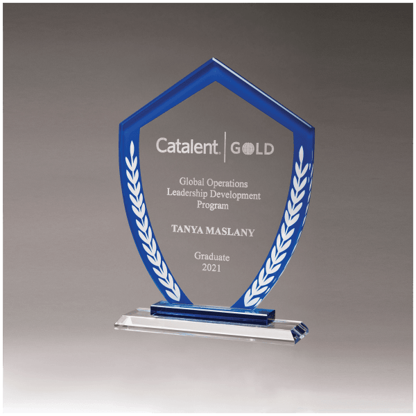7 1/4″ x 9 3/4″ Shield Shaped Glass Award with Blue Border and White Laurel Leaves