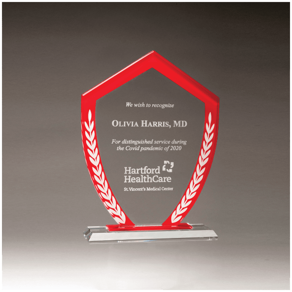 6 5/8″ x 8 7/8″ Shield Shaped Glass Award with Red Border and White Laurel Leaves