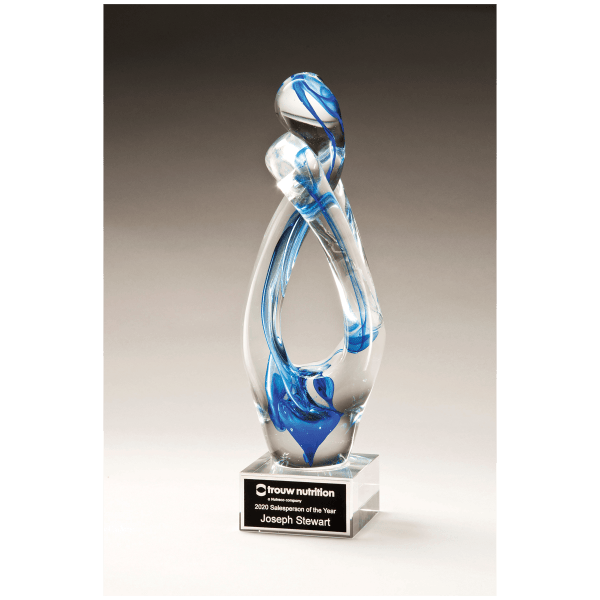 12″ Contemporary Sculpture with Blue Accent Art Glass on Clear Glass Base with Black Laserable Aluminum Plate