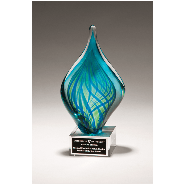 8 3/4″ Blue and Green Twist Art Glass on Clear Glass Base with Black Laserable Aluminum Plate