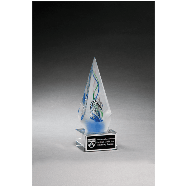 7 1/8″ Frosted Glass Accent Arrow Art Glass on Clear Glass Base with Black Laserable Aluminum Plate