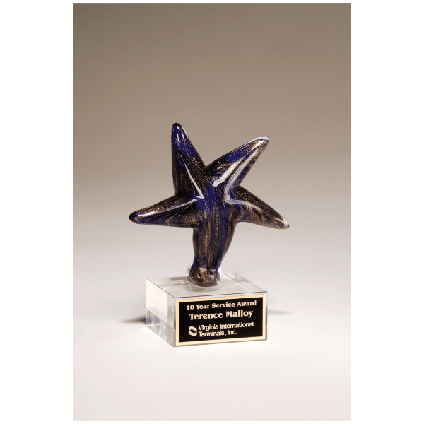 6 7/8″ Blue Star Art Glass with Gold Metallic Highlights on Clear Glass Base and Black Laserable Aluminum Plate