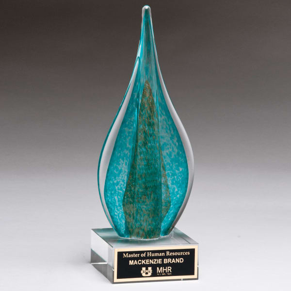11 1/2″ Teal/Green Teardrop with Gold Metallic Accent on Clear Glass Base with Black Laser Aluminum Plate