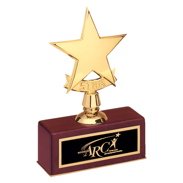5″ x 7 1/2″ Polished Metal Goldtone Star Casting on Rosewood Piano Finish Base with Laserable Black Brass Plate