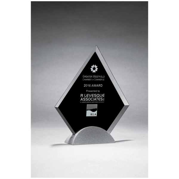 7 1/8″ x 8 1/4″ Diamond Shaped Glass Award, Black Silkscreen on Silver Metal Base
