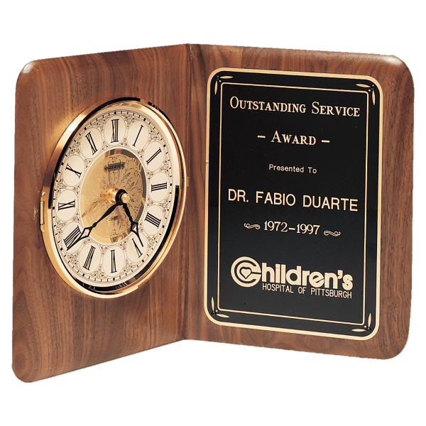 12 1/2″ x 9 1/2″ Walnut Quartz Book Clock, Brass Diamond Spun Bezel, Glass Lens, Ivory Dial