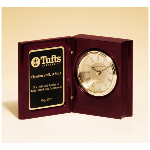 5 3/8″ x 4 1/4″ Rosewood Piano Finish Book Clock w/Diamond Spun Dial, 3 Hand Movement, Plate