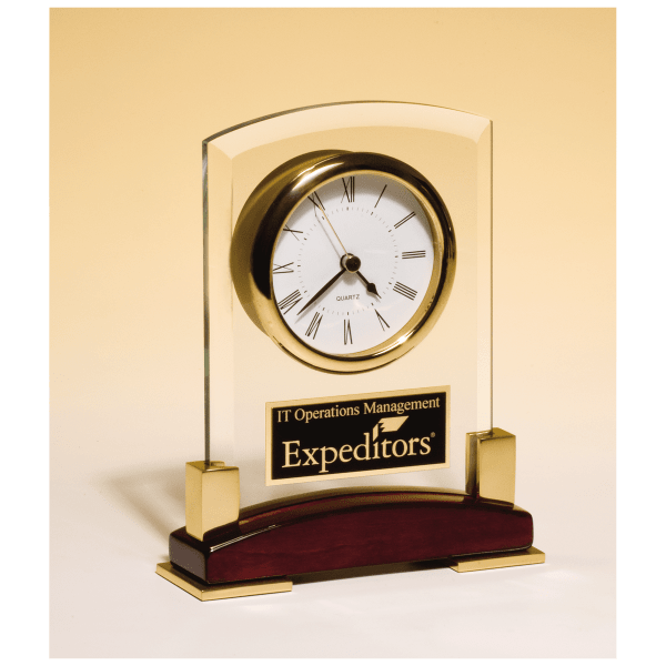 6 x 7 3/4″ Beveled Glass Desk Clock, Rosewood Piano Finish Base, Gold MetalAccent with Black Plate