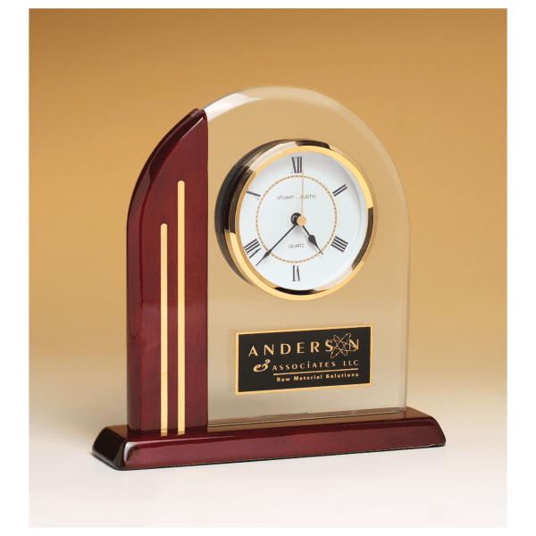 7 1/2″ x 7 7/8″ Arch Clock with Glass Upright and Rosewood Piano Finish Post and Base with Plate