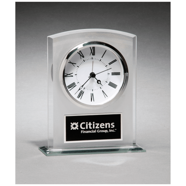 5″ x 6 1/4″ Glass Clock with Frosted Top, Polished Edge and Base with Black Plate