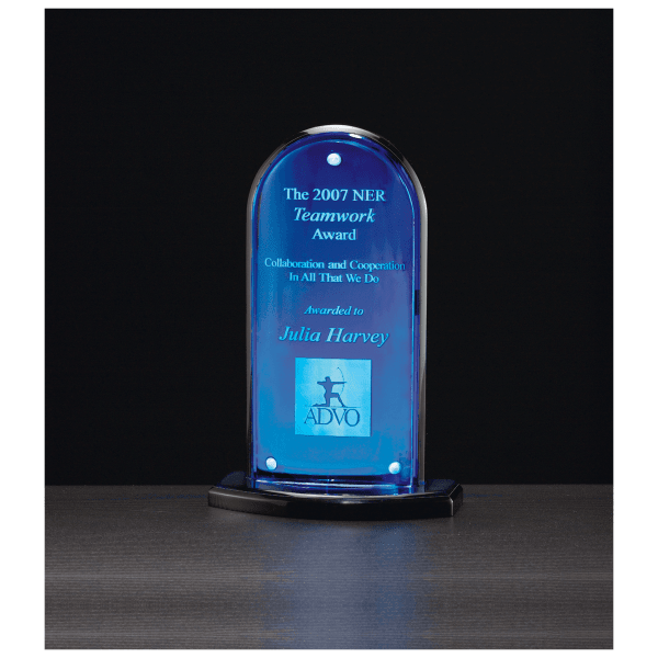 5″ x 8″ Arch Series Acrylic, Blue Mirror Upright, Black Base with Convex Acrylic Front