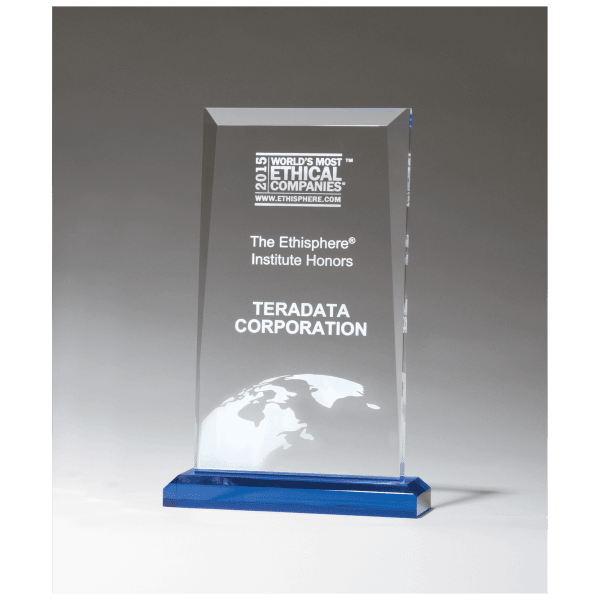 5 1/2″ x  8 3/4″ Apex Series Clear Acrylic Award with Blue Highlights and Blue Base