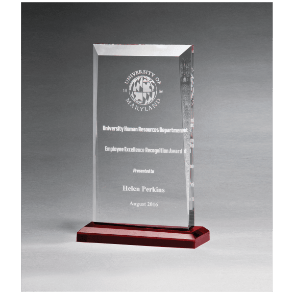5 1/2″ x 8 3/4″ Apex Series Clear Acrylic Award with Red Highlights and Red Base