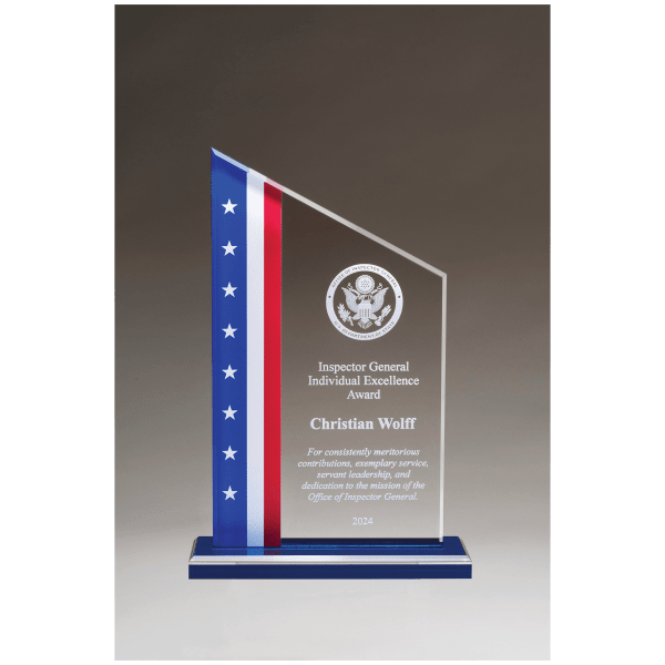 6 3/8″ x 9 3/4 ” Zenith Series Acrylic with American Flag Design, Blue Mirror Top Base