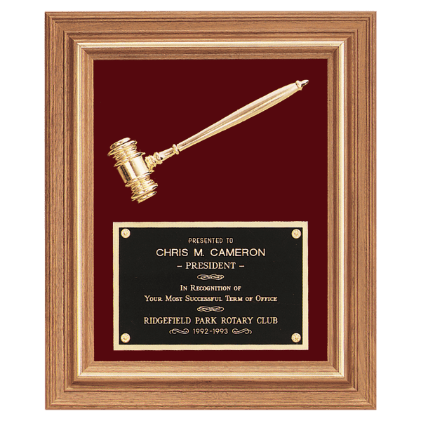 15″ x 18″ Gold Electroplated Gavel in a Walnut Frame with Maroon Velour Background and Black Laserable Brass Plate