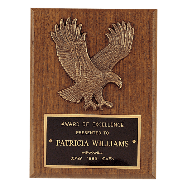 6″ x 8″ Sculptured Relief Eagle Casting and Laser Engravable Black Plate on an American Walnut Plaque