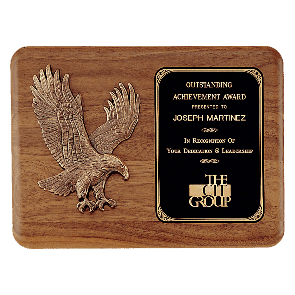 15″ x 11″ Solid American Walnut Plaque with Sculptured Relief Eagle Casting and Laser Engravable Black Brass Plate