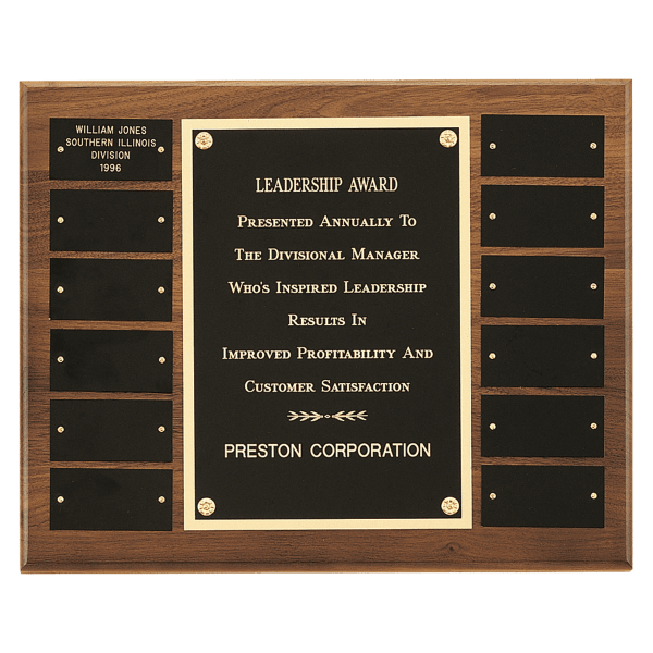 12″ x 15″/Plates 1 1/2″ x 3″ American Walnut 12 Plate Perpetual Plaque with Black Brass Plates