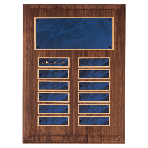 9″ x 12″ American Walnut 12 Plate Perpetual Plaque with Sapphire Marble Brass Plates