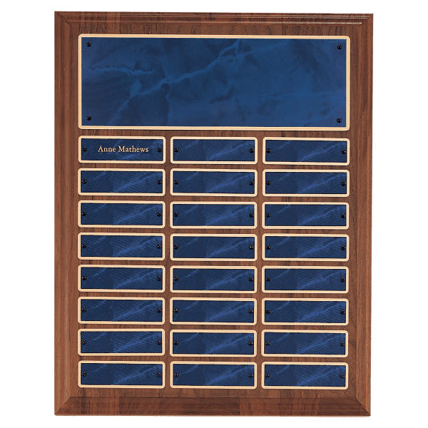 12″ x 15″/Plates 1″ x 3 1/4″ American Walnut 24 Plate Perpetual Plaque with Sapphire Marble Brass Plates