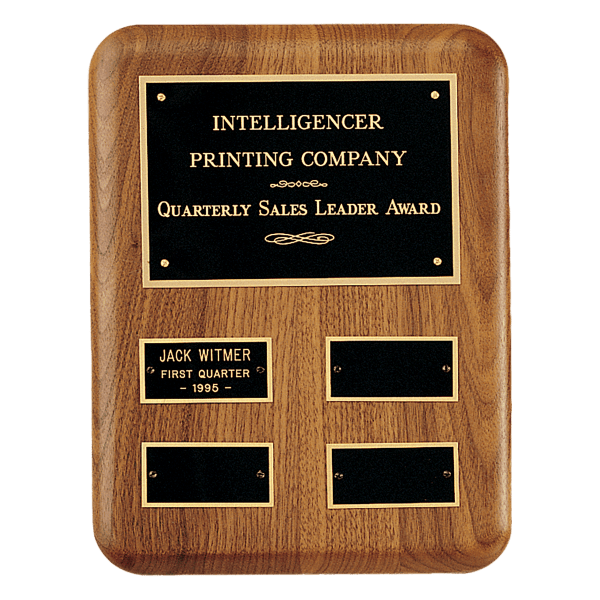 8″ x 10 1/2″/Plates 1 1/4″ x 2 1/2″ American Walnut AirFlyte Edge Quarterly Award Perpetual Plaque wth Black Brass Plates