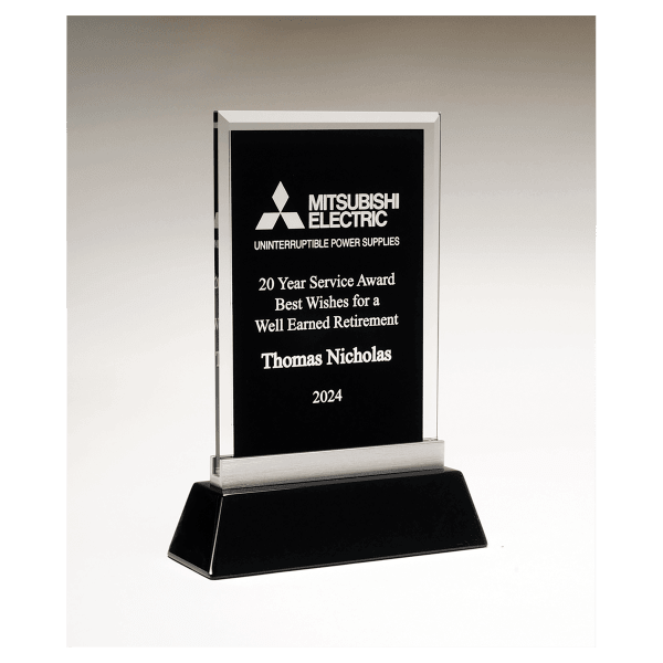 7 1/4″ x 9 7/8″ Rectangular Black Silkscreened Glass Award with Black Piano Finish Base