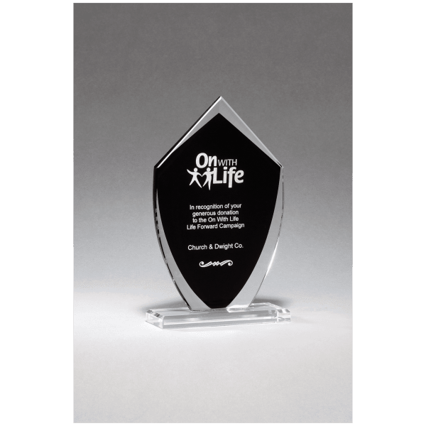 5 1/2″ x 9 1/4″ Shield Shaped Glass Award with Black Silkscreened Center