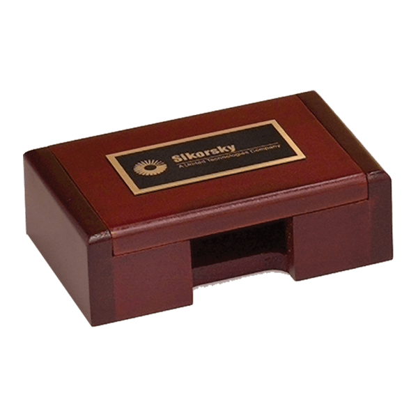 4 3/8″ x 2 7/8″ Rosewood Finish Business Card Box with Laserable Black Brass Plate