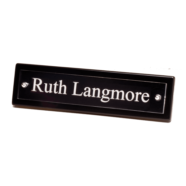 9 1/4″ x 2 1/8″ Black Piano Finish Nameplate with Acrylic Engraving Plate, Two Silver Posts