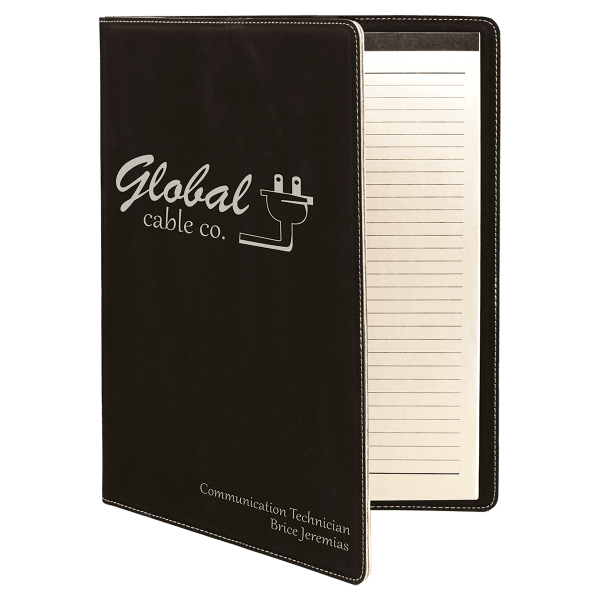 9 1/2″ x 12″ Black/Silver Laserable Leatherette Portfolio with Notepad