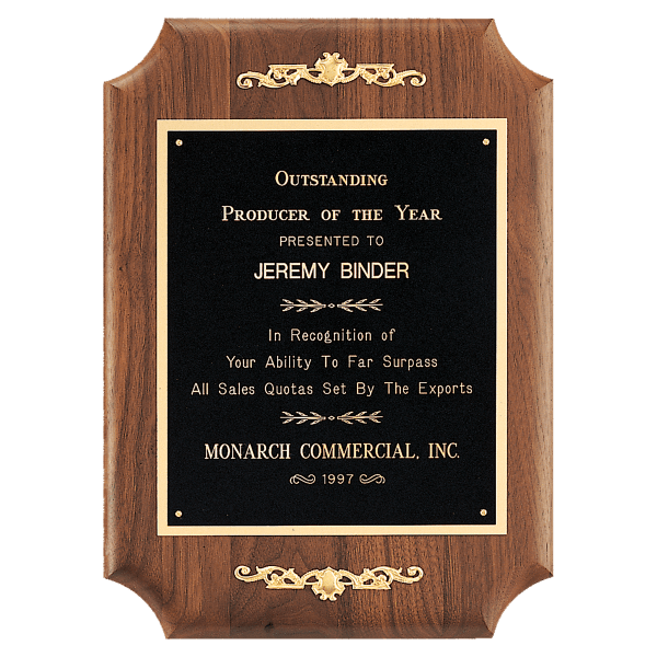 9″ x 12″ American Walnut Scalloped Corner Plaque with  Gold Scrolls and Go ld Border Black Laser Engravable Plate