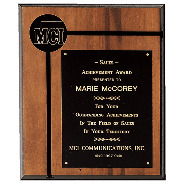 8″ x 10 1/2″ American Walnut Routed Plaque w/Black Brass Plate and 2 1/2″ Black Brass Disc