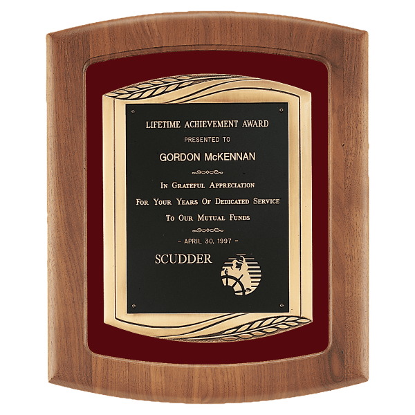 14″ x 17″ American Walnut Frame with Maroon Velour Background and Black Laser Engravable Plate in an Antique Bronze Finished Frame Casting