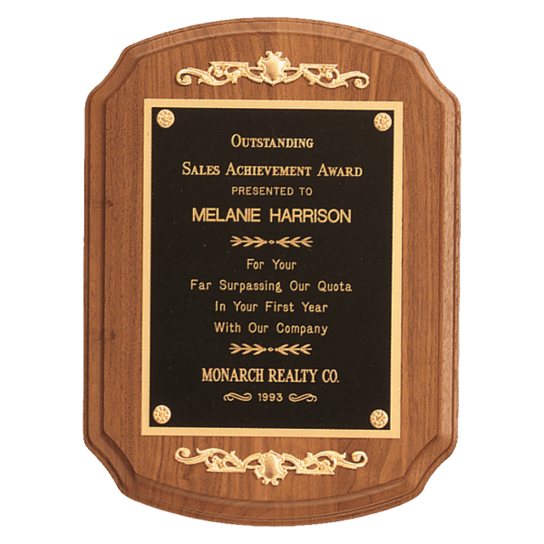 9″ x 12″ American Walnut Rounded, Scalloped Corner Plaque with Decorative Gold Scrolls and a Gold Border Black Laser Engravable Plate