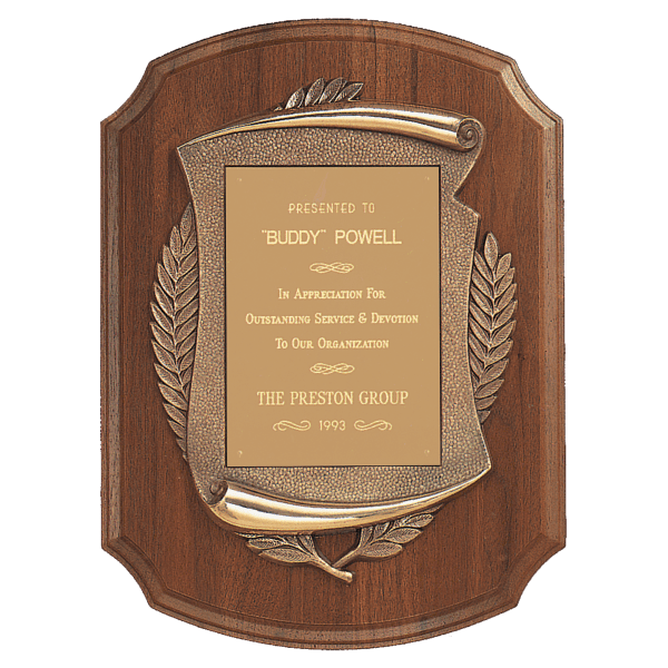 11″ x 15″ American Walnut Notch Corner Plaque w/Antique Bronze Scroll/Brushed Brass Plate