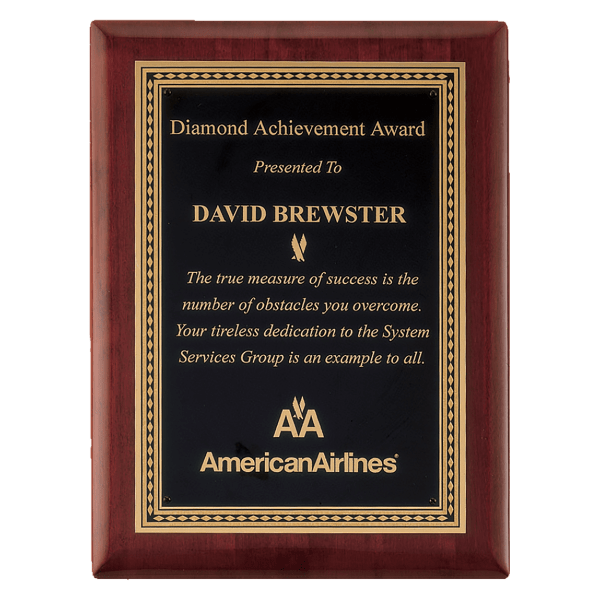 7″ x 9″ Airflyte Premium Rosewood Piano Finish Plaque with Gold Border Black LaserFX Plate
