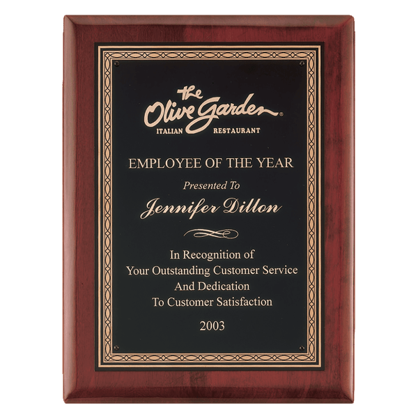 10 1/2″ x 13″ Airflyte Premium Rosewood Piano Finish Plaque with Gold Border Black Laserable Brass Plate