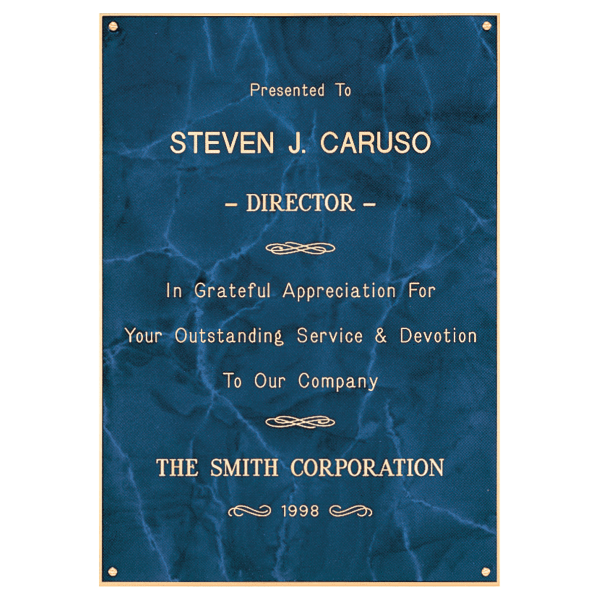 7 1/8″ x 10 1/8″ Sapphire Marble Laser Engravable Brass Plated Steel Plate with Gold Border and Four Holes
