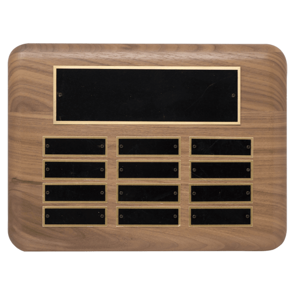 9″ x 12″/Plates 7/8″ x 2 3/4″ American Walnut 12 Plate Perpetual Plaque with Black Brass Plated Steel Plates