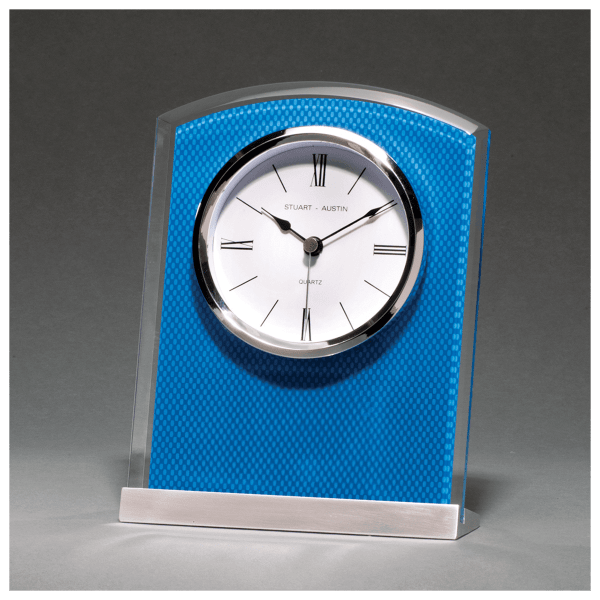 5″ x 6 1/2″ Glass Clock with Blue Carbon Fiber Design on Aluminum Base-Plate Not Included