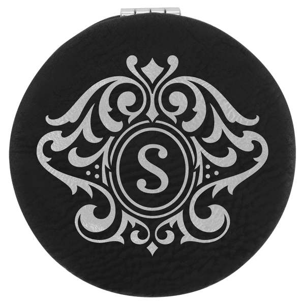 2 1/2″ Black/Silver Laserable Leatherette Compact Mirror