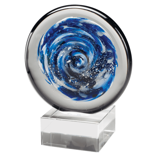 7″ Blue and White Disc Art Glass on Clear Glass Base-No Plate