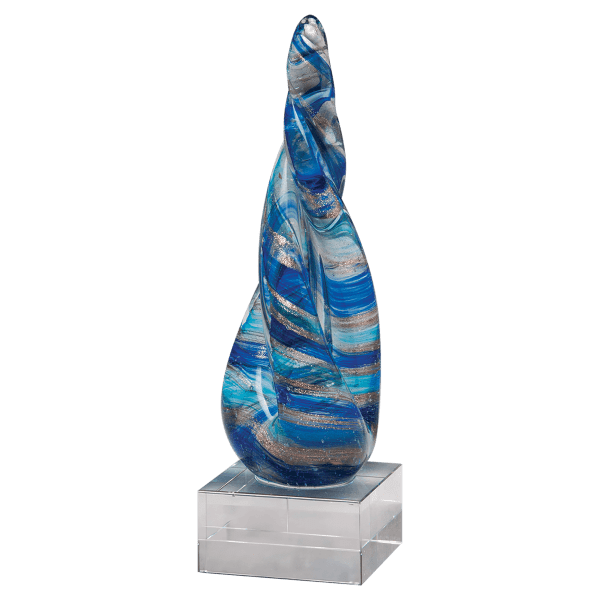8 3/4″ Twist Blue & Teal Art Glass w/Gold Metallic Accent on Clear Glass Base-No Plate