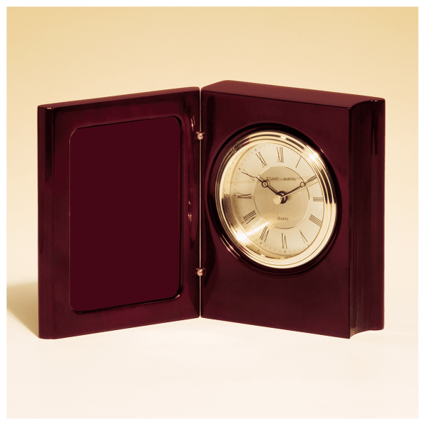 5 3/8″ x 4 1/4″ Rosewood Piano Finish Book Clock w/Diamond Spun Dial, 3 Hand Movement-Plate Not Included