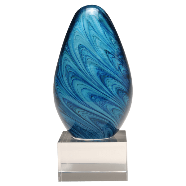 6 1/4″ Blue and Green Egg Shaped Art Glass on Clear Glass Base-No Plate