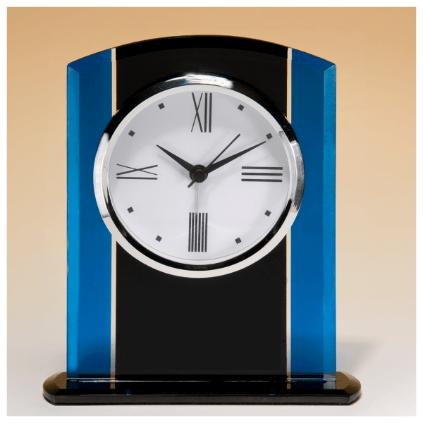 5 1/4″ x 6 1/4″ Black & Blue Glass Clock, Silver Bezel, Three Hand Movement-Plate Not Included